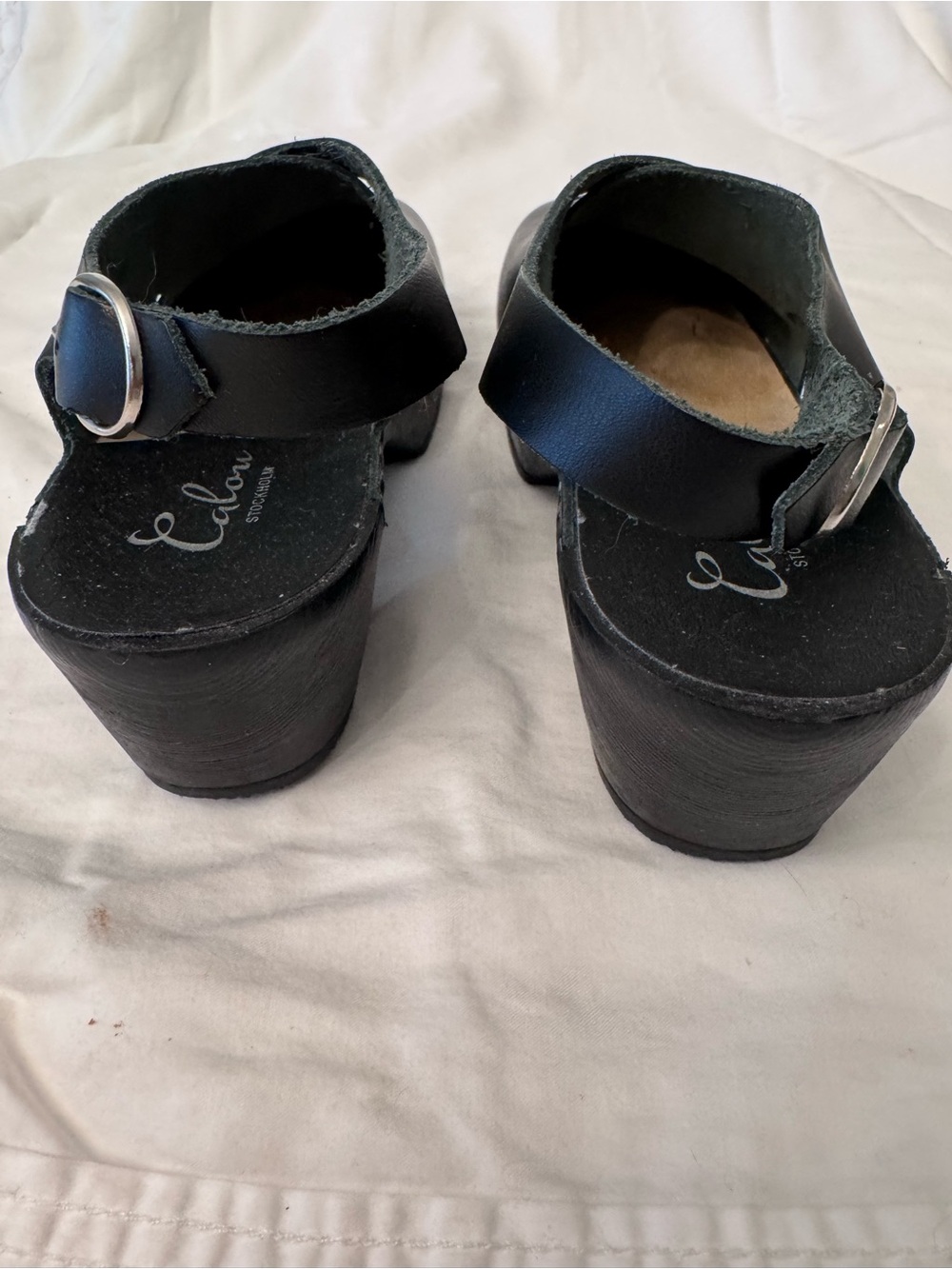 Calou Astrid 37 RARE Medium 2" Heel Women’s Black Leather Buckle Clog Mules - Picture 3 of 9